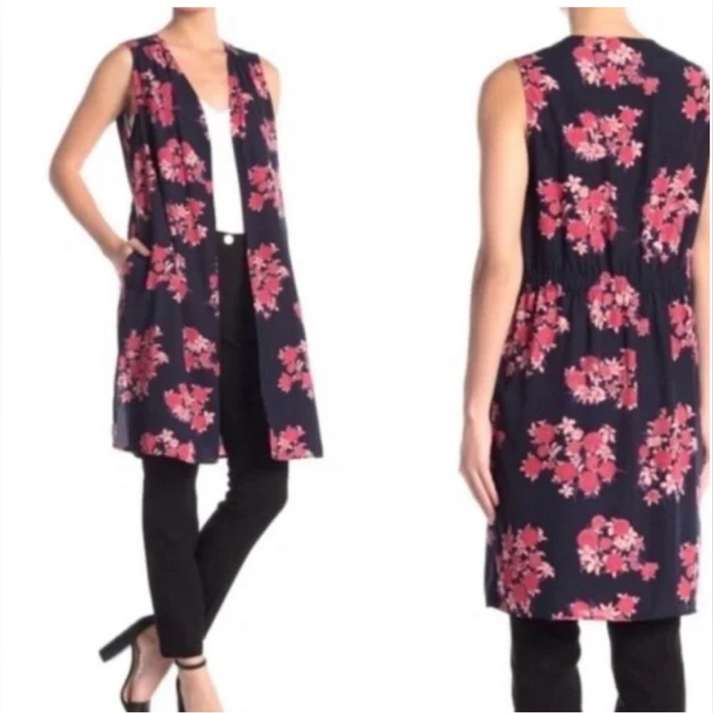 NWT PLEIONE Sleeveless Duster Cardigan Kimono Floral Red Navy PINK print L
